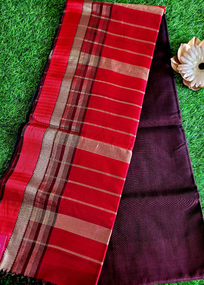 Coffee Brown And Red Pure Maheshwari Silk cotton Saree- MP