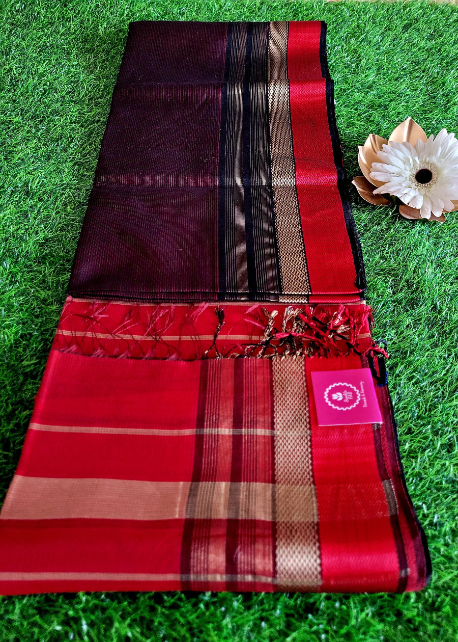 Coffee Brown And Red Pure Maheshwari Silk cotton Saree- MP