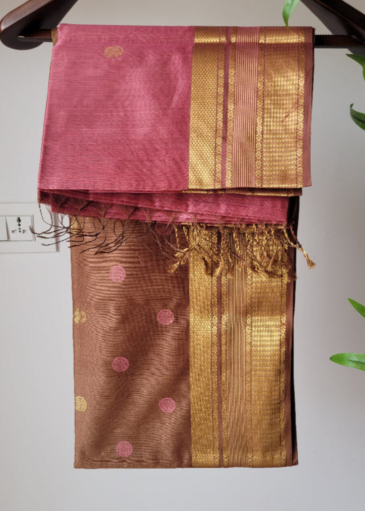 Pink And Light Chocolate Colour Pure Maheshwari Silk Cotton Saree- MP