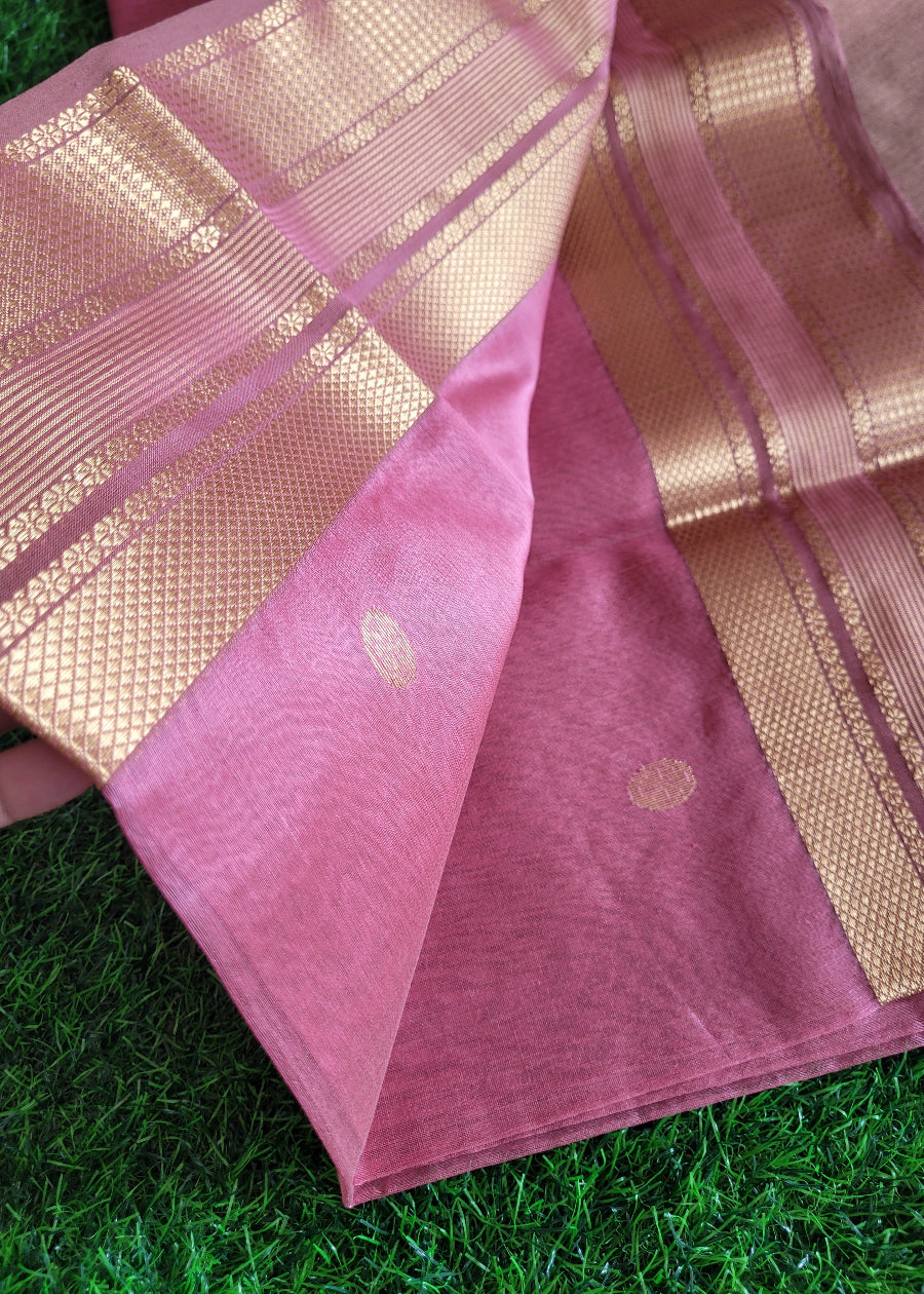 Pink And Light Chocolate Colour Pure Maheshwari Silk Cotton Saree- MP