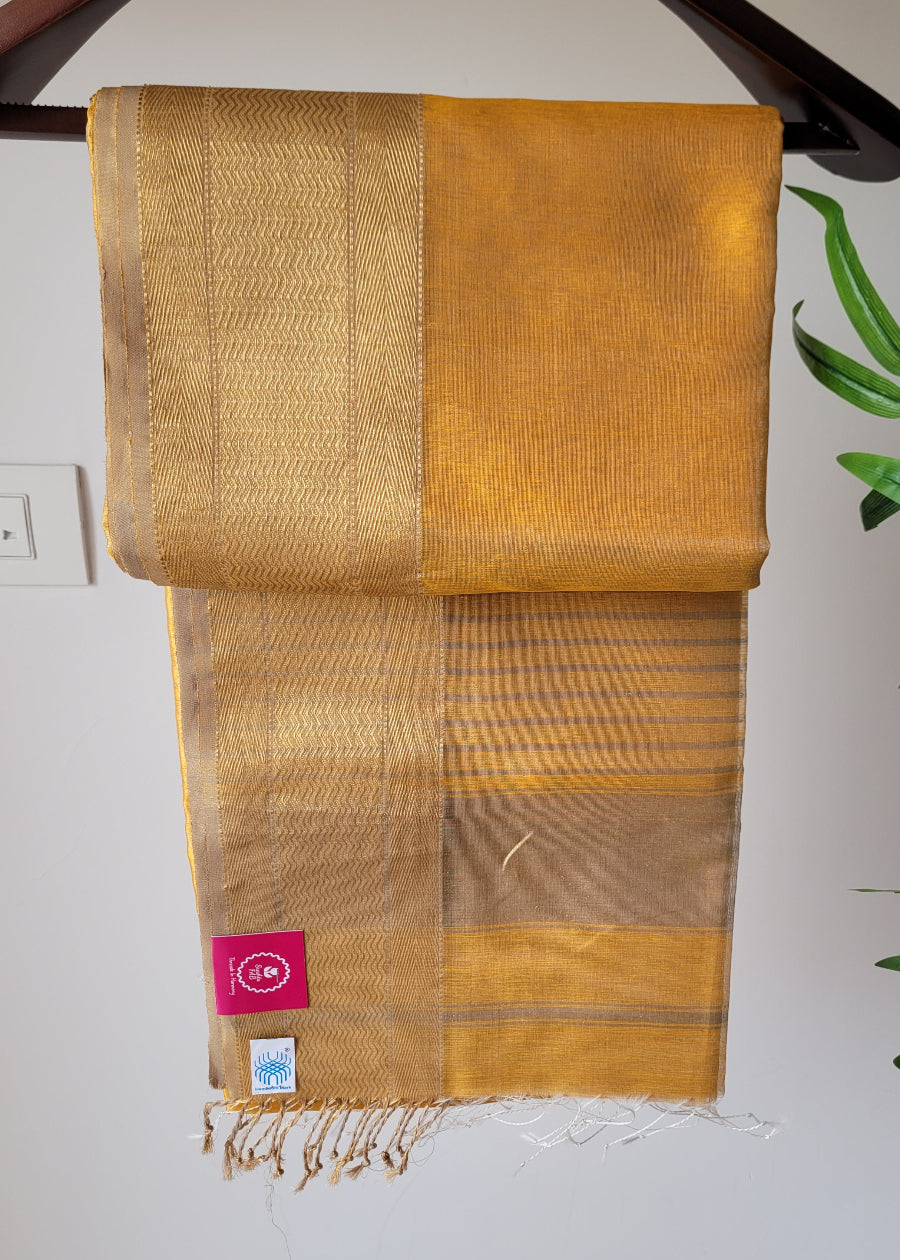 Golden Yellow Pure Maheshwari Tissue Silk  Saree- MP