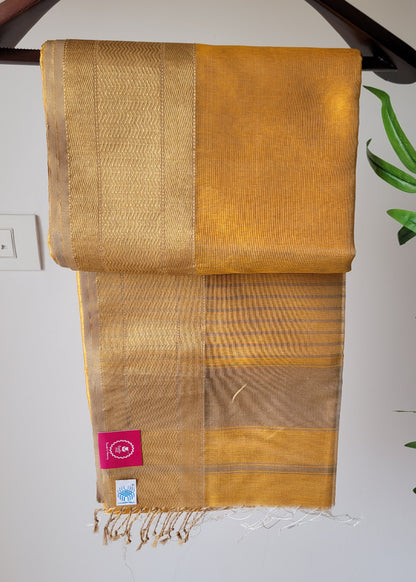 Golden Yellow Pure Maheshwari Tissue Silk  Saree- MP
