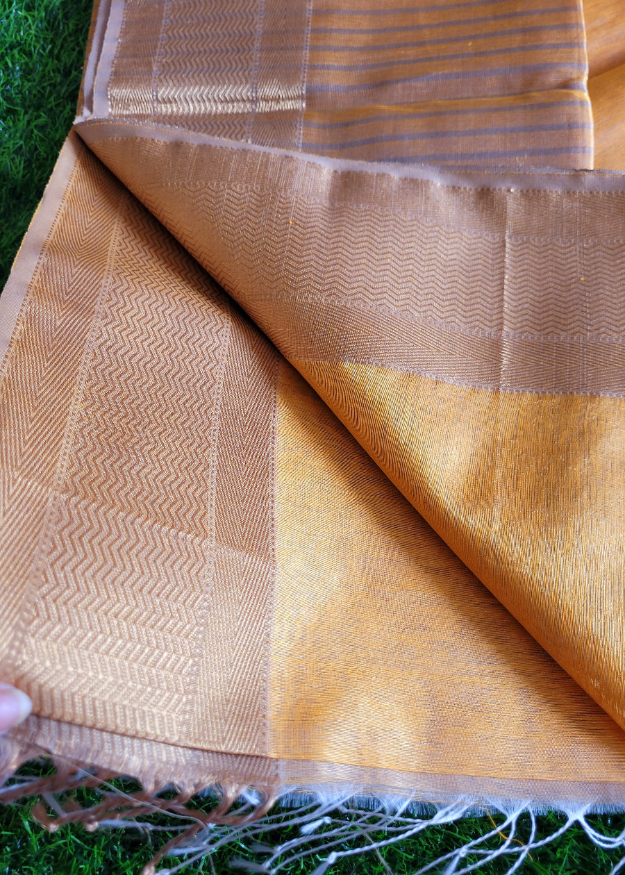Golden Yellow Pure Maheshwari Tissue Silk  Saree- MP