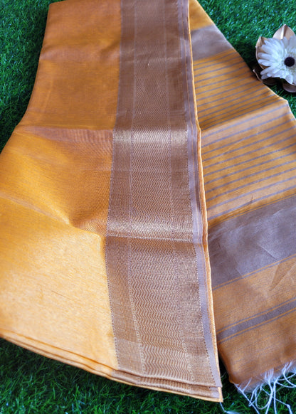 Golden Yellow Pure Maheshwari Tissue Silk  Saree- MP
