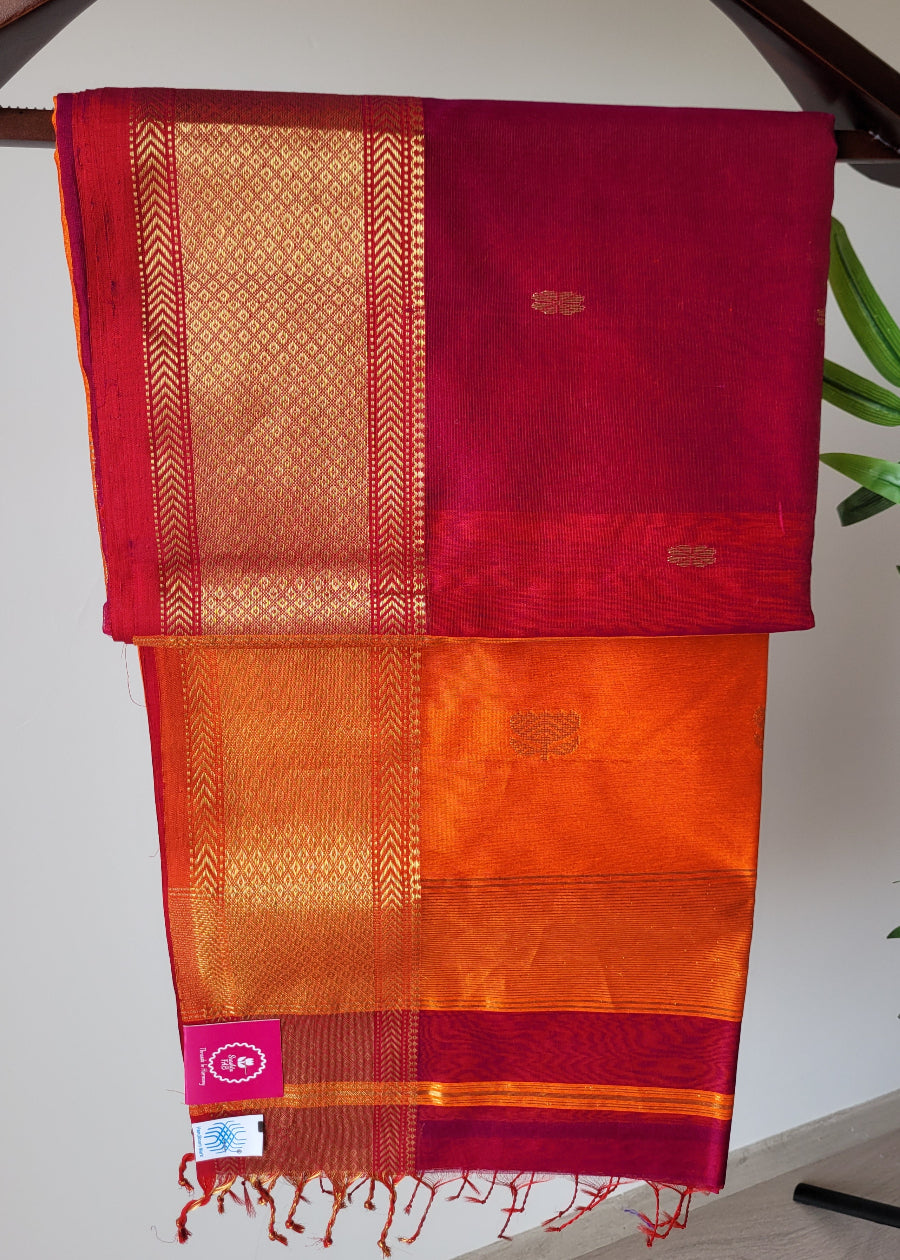 Wine  And Orange Colour Pure Maheshwari Silk Cotton Saree-MP