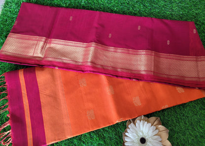 Wine  And Orange Colour Pure Maheshwari Silk Cotton Saree-MP