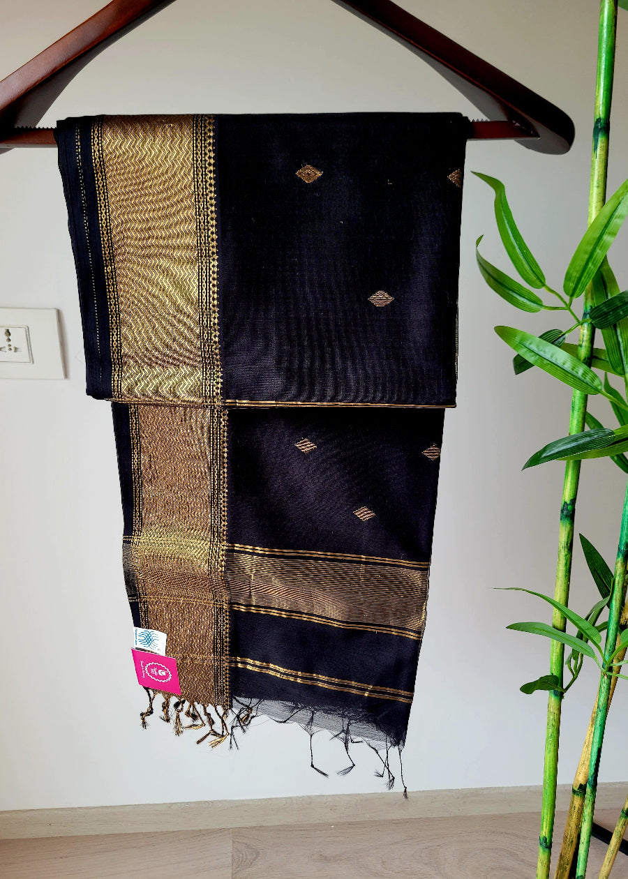 Jet Black Pure Maheshwari Silk Cotton Saree- MP