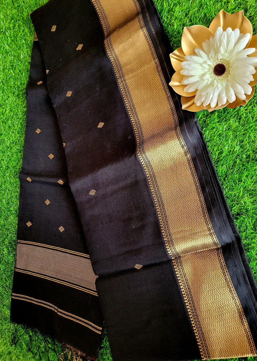 Jet Black Pure Maheshwari Silk Cotton Saree- MP