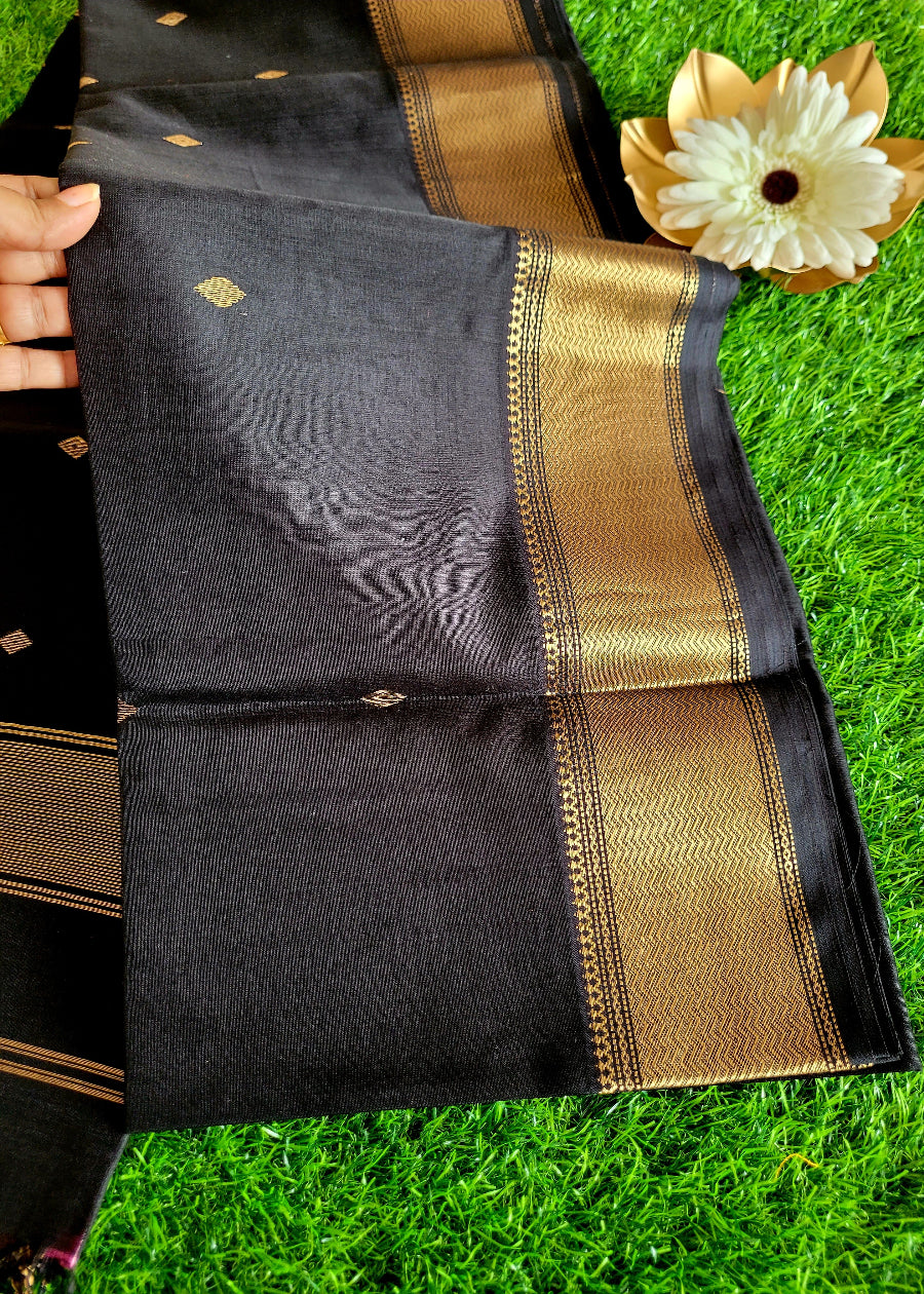 Jet Black Pure Maheshwari Silk Cotton Saree- MP