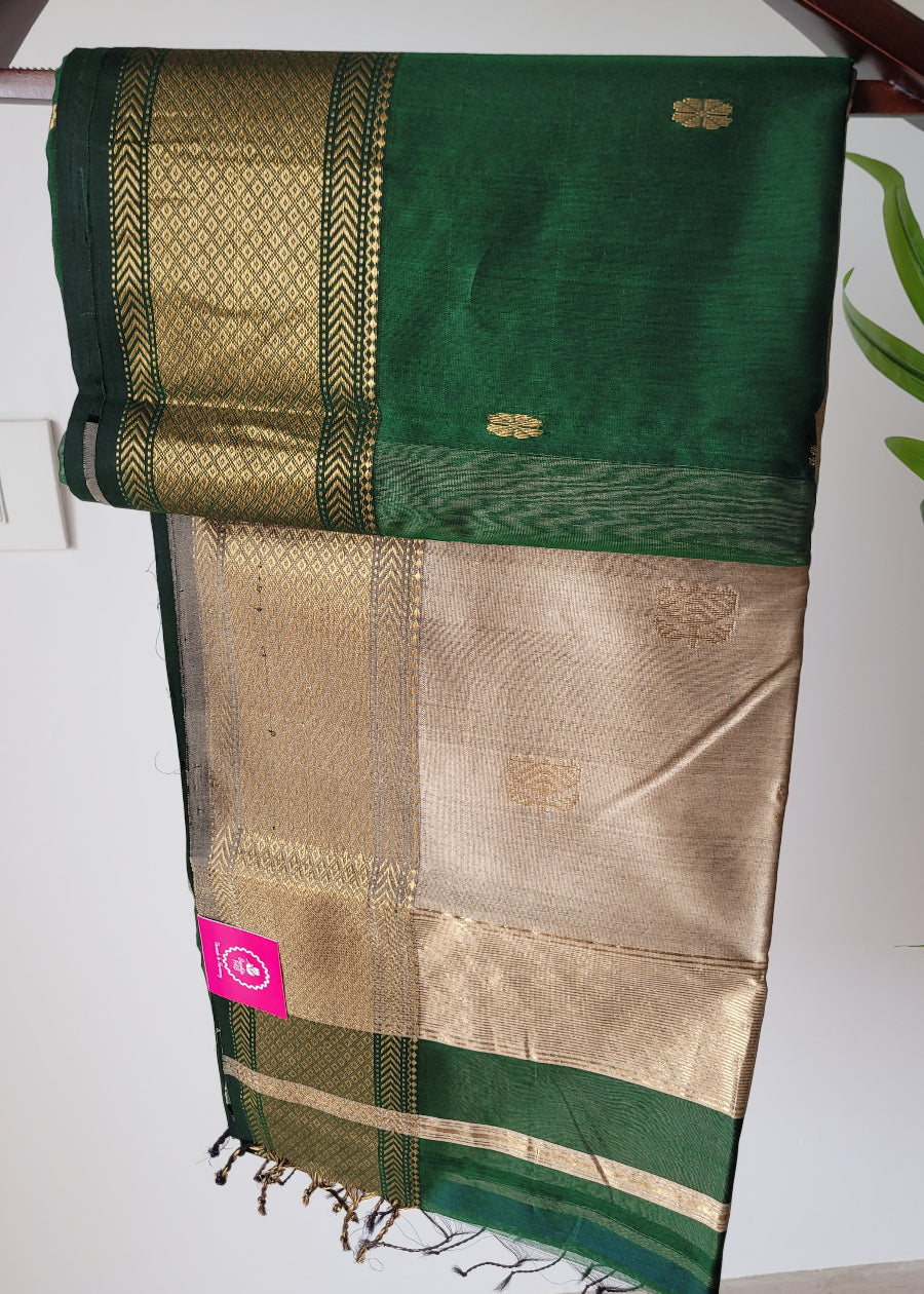 Bottle Green And Beige Pure Maheshwari Silk Cotton Saree- MP