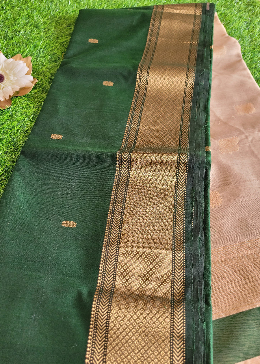 Bottle Green And Beige Pure Maheshwari Silk Cotton Saree- MP