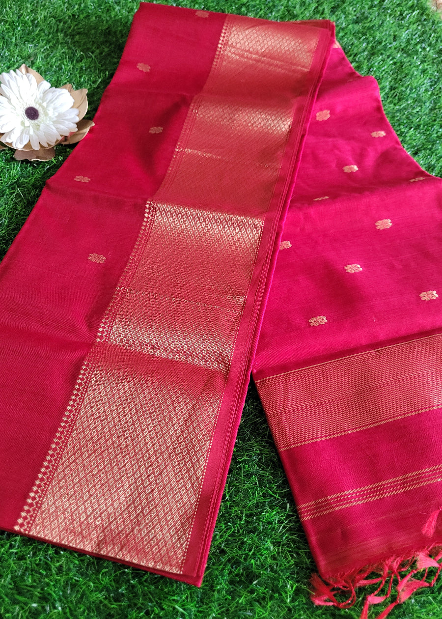 Pinkish Red Pure Maheswari Silk Cotton Saree- MP
