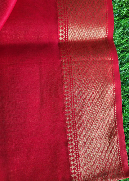 Pinkish Red Pure Maheswari Silk Cotton Saree- MP