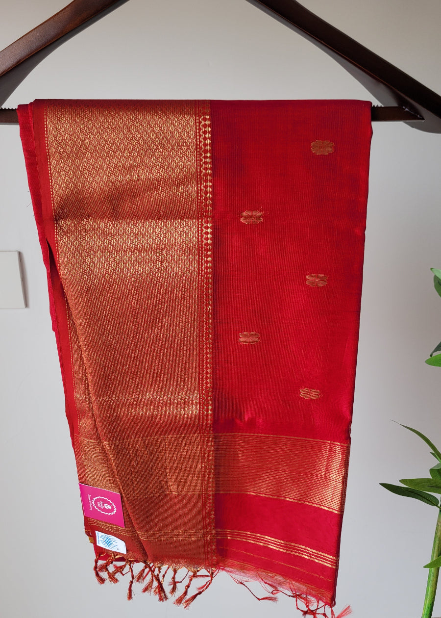 Pinkish Red Pure Maheswari Silk Cotton Saree- MP
