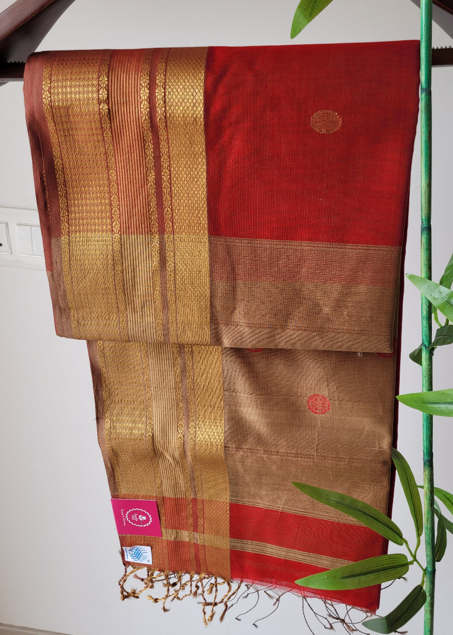 Blood Red And Beige Pure Maheshwari Silk Cotton Saree- MP