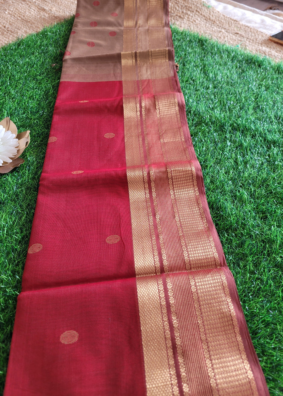 Blood Red And Beige Pure Maheshwari Silk Cotton Saree- MP