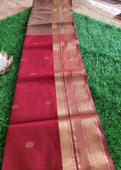 Blood Red And Beige Pure Maheshwari Silk Cotton Saree- MP