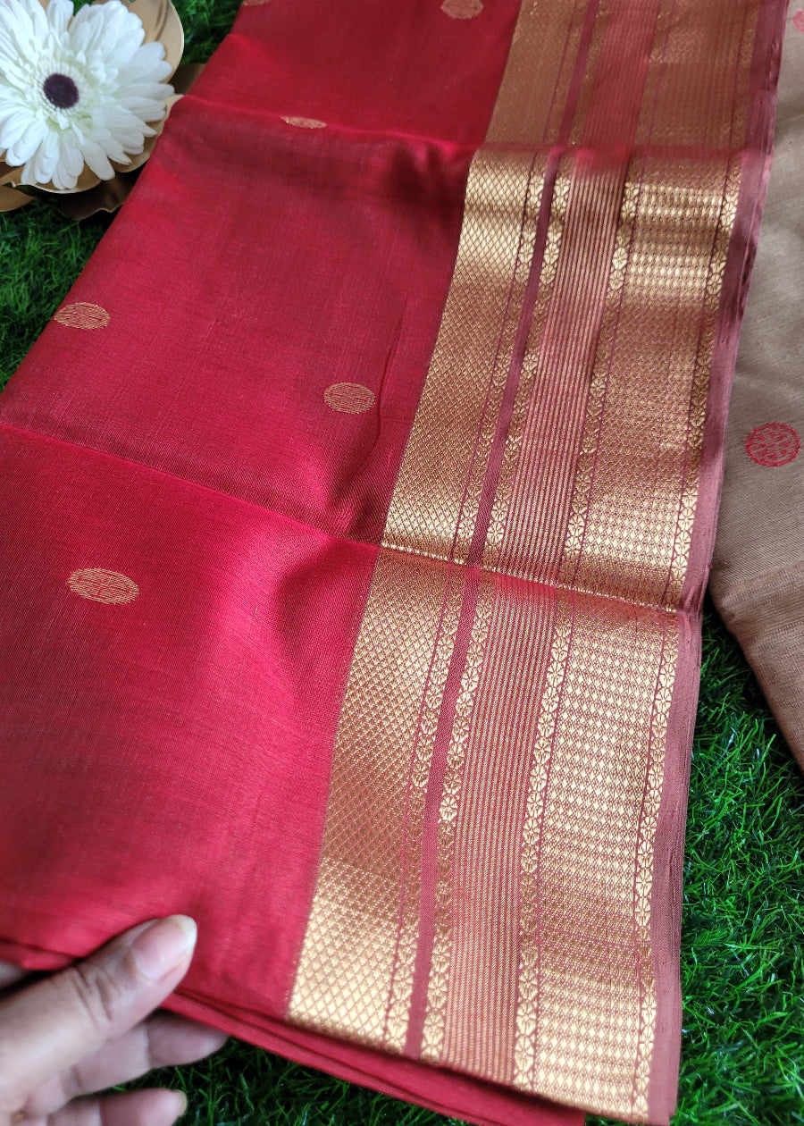 Blood Red And Beige Pure Maheshwari Silk Cotton Saree- MP