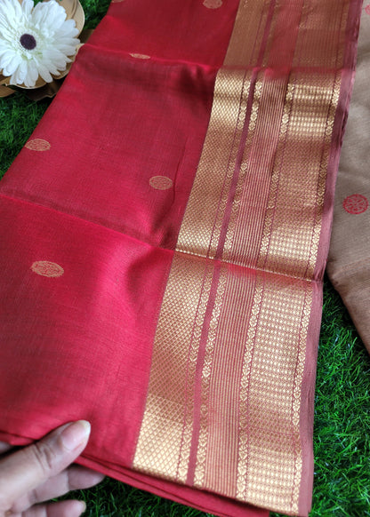Blood Red And Beige Pure Maheshwari Silk Cotton Saree- MP