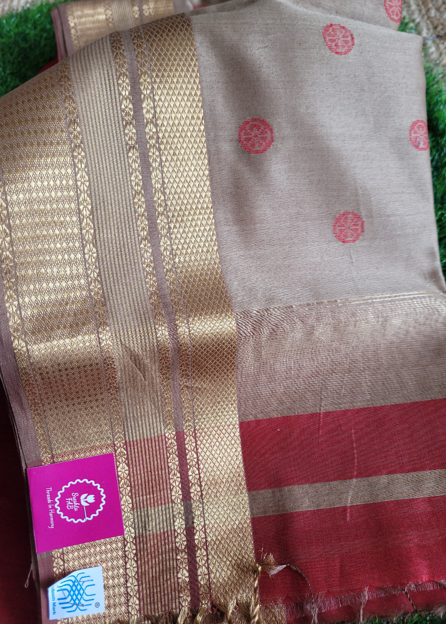 Blood Red And Beige Pure Maheshwari Silk Cotton Saree- MP