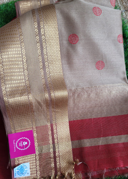 Blood Red And Beige Pure Maheshwari Silk Cotton Saree- MP