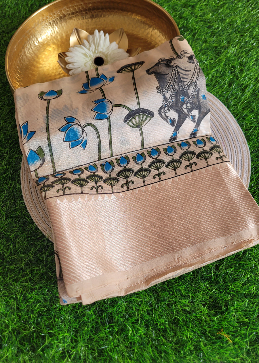 Pichwai Design Beige And Blue Mangalgiri Silk Saree- Andhra