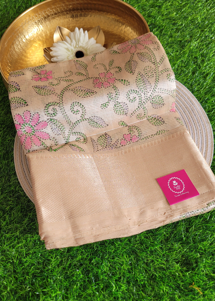 Floral Design On Beige Pure Mangalgiri Silk Saree- Andhra