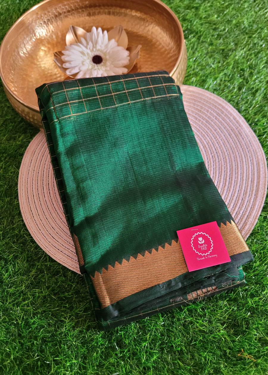 Checks Design Bottle Green Mangalgiri Silk Saree - Andhra