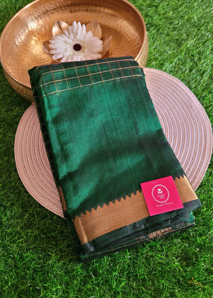 Checks Design Bottle Green Mangalgiri Silk Saree - Andhra
