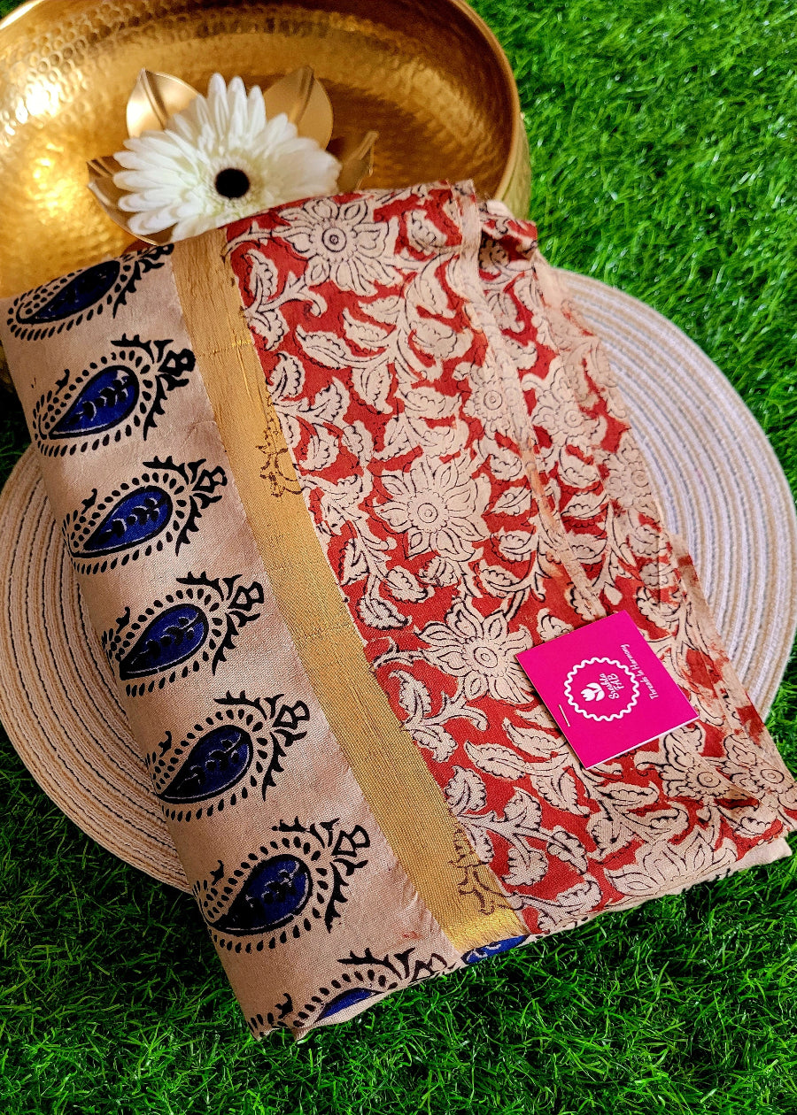 Kalamkari Design On Block Printed Chennuri Silk Saree- Andhra