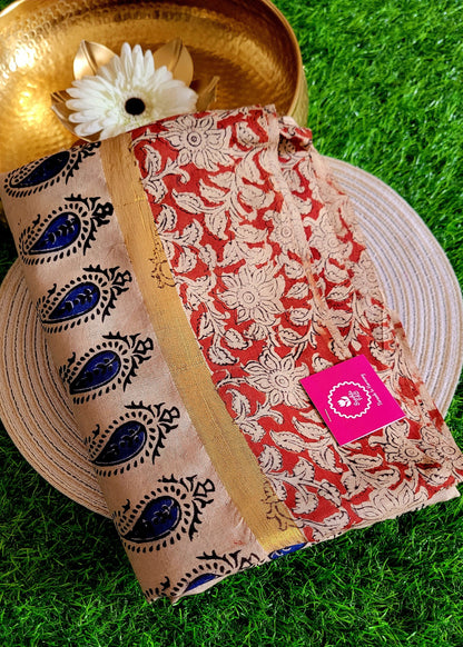 Kalamkari Design On Block Printed Chennuri Silk Saree- Andhra