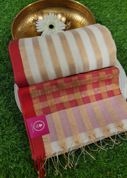 Offwhite And Red Designer Maheshwari Silk Cotton Saree- MP