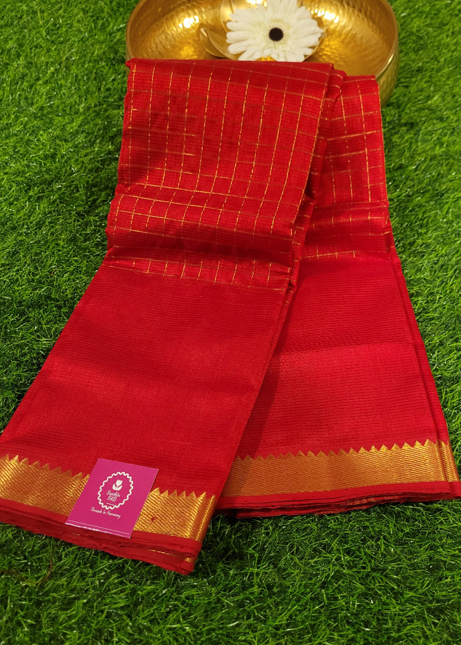 Checks Design Mangalgiri Silk Saree In  Chilli Red- Andhra