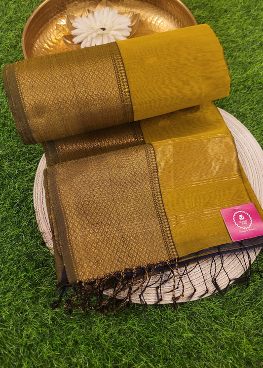 Greenish Yellow Pure Maheshwari Silk Cotton Saree- MP