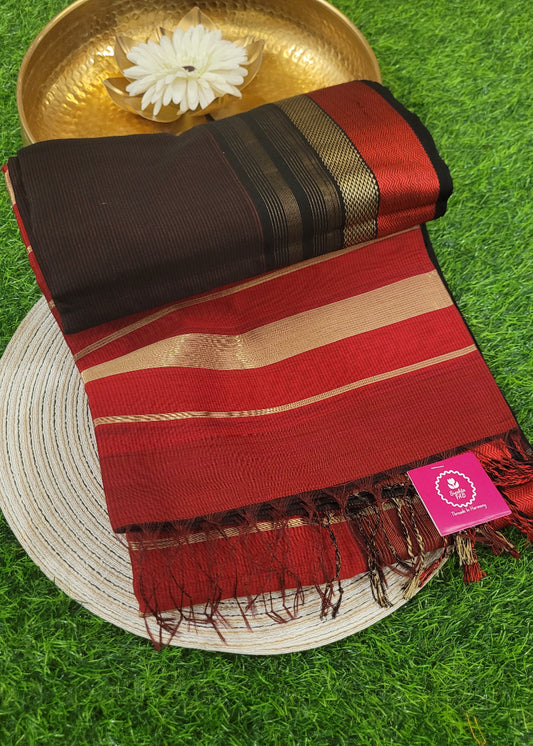 Coffee Brown And Red Pure Maheshwari Silk cotton Saree- MP