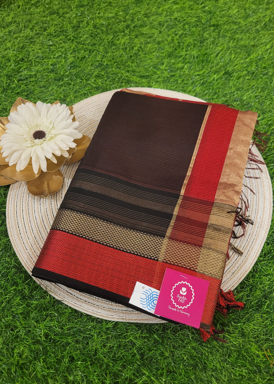 Coffee Brown And Red Pure Maheshwari Silk cotton Saree- MP