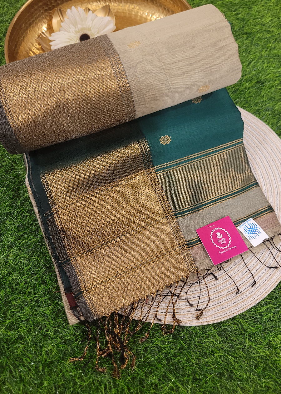 Beige And Green Pure Maheshwari Silk Cotton Saree- MP