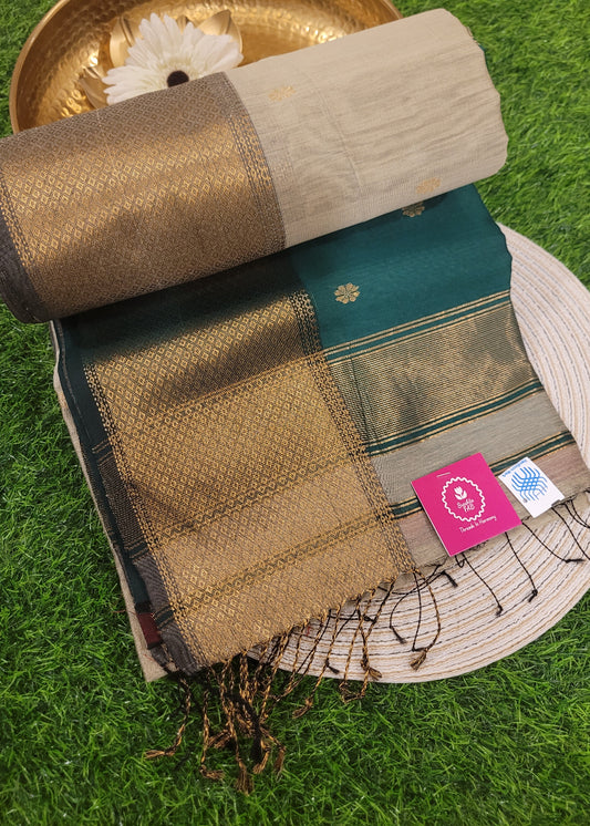 Beige And Green Pure Maheshwari Silk Cotton Saree- MP
