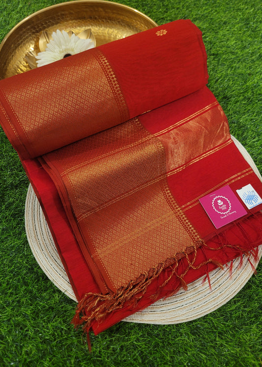 Chilli Red Maheshwari Silk Cotton Saree- Madhya Pradesh