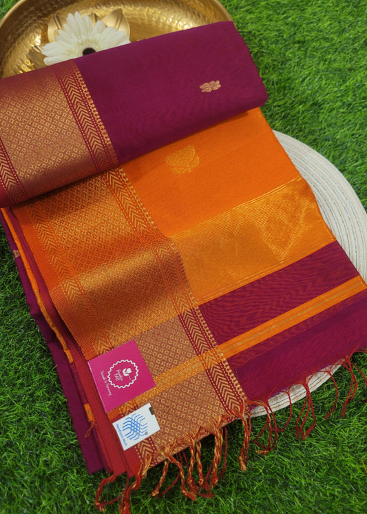 Wine  And Orange Colour Pure Maheshwari Silk Cotton Saree-MP