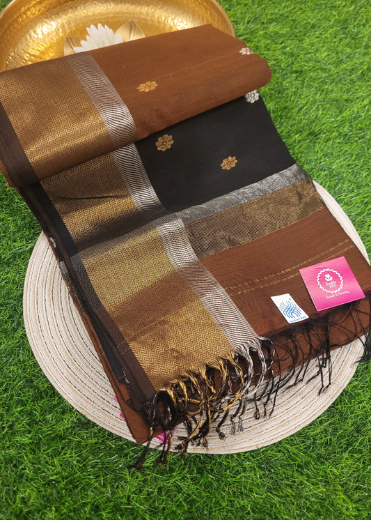 Brown And Black Pure Maheshwari Silk Cotton saree- MP