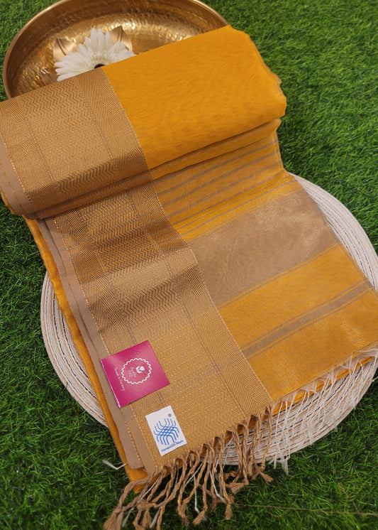 Golden Yellow Pure Maheshwari Tissue Silk  Saree- MP