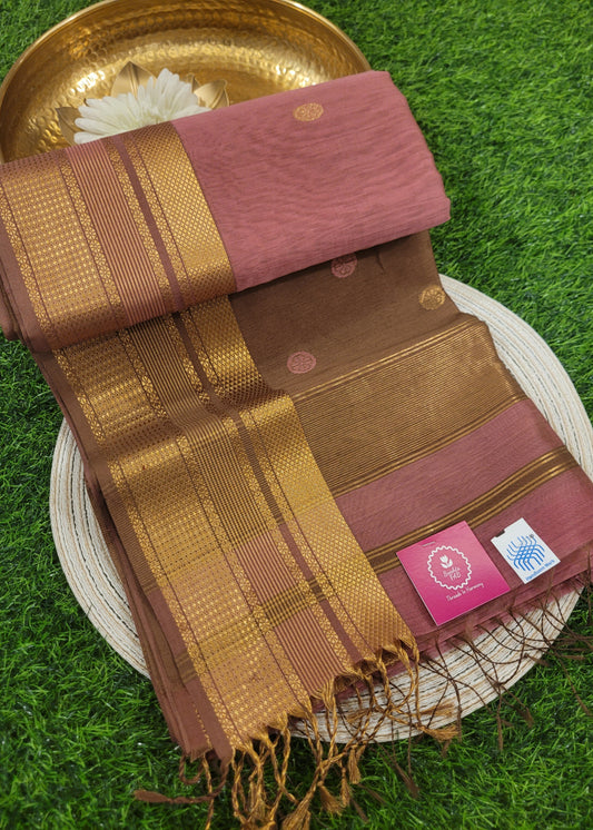 Pink And Light Chocolate Colour Pure Maheshwari Silk Cotton Saree- MP