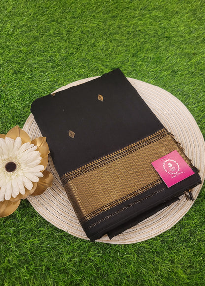 Jet Black Pure Maheshwari Silk Cotton Saree- MP