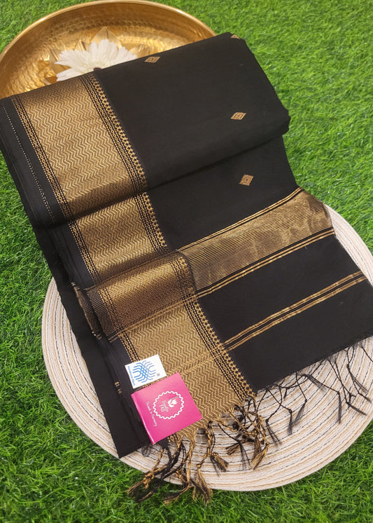 Jet Black Pure Maheshwari Silk Cotton Saree- MP
