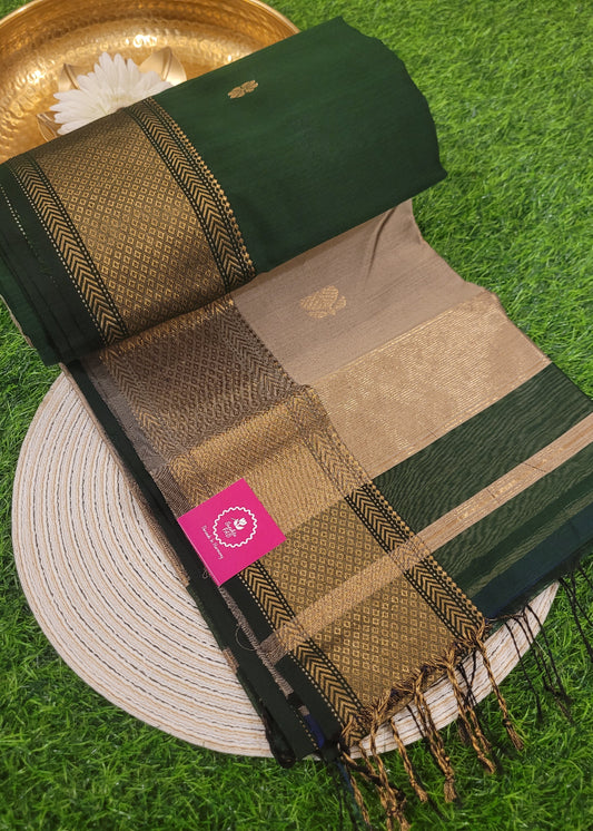 Bottle Green And Beige Pure Maheshwari Silk Cotton Saree- MP