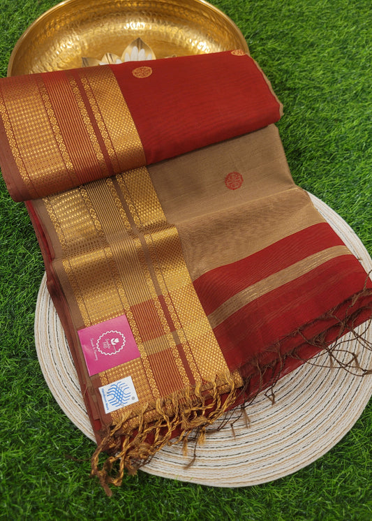 Blood Red And Beige Pure Maheshwari Silk Cotton Saree- MP