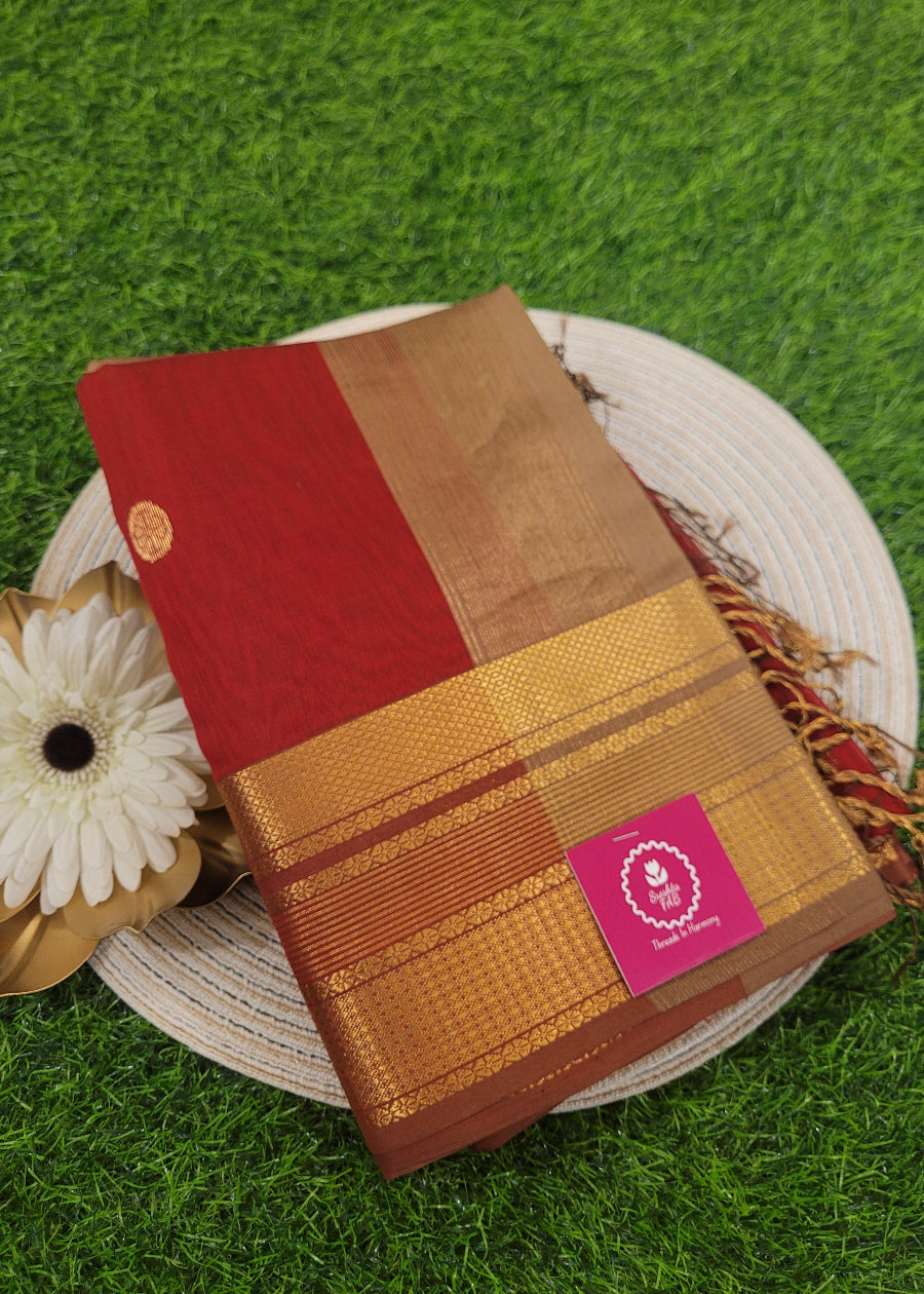 Blood Red And Beige Pure Maheshwari Silk Cotton Saree- MP