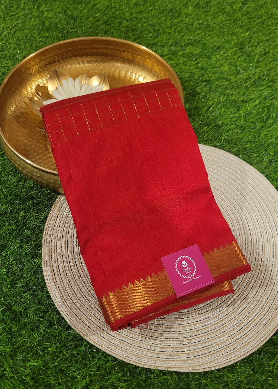Checks Design Mangalgiri Silk Saree In  Chilli Red- Andhra