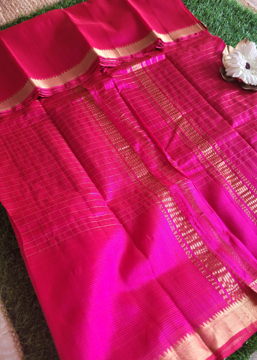 Checks Design Rani Pink Mangalgiri Silk Saree- Andhra